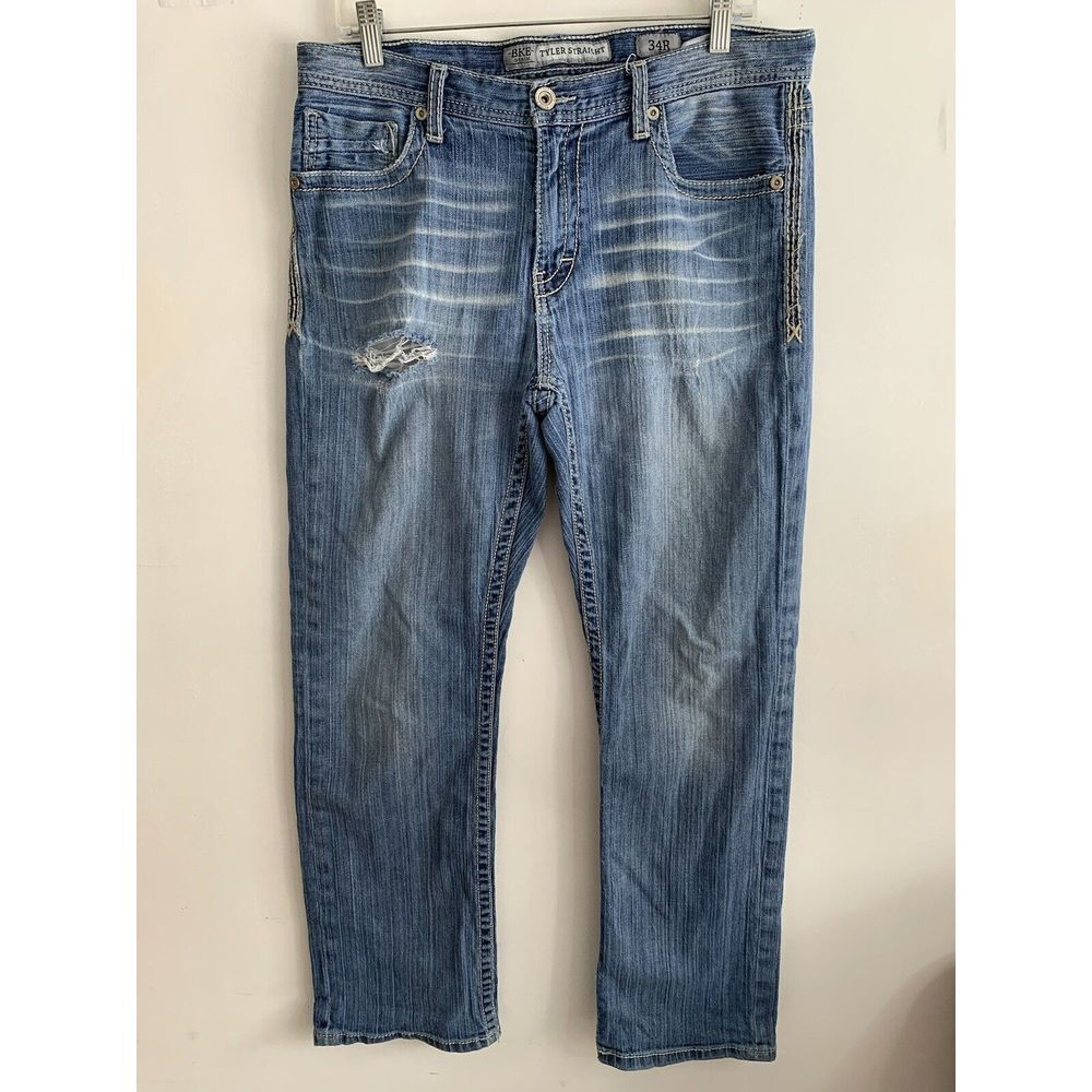 BKE Tyler Jeans Size 34x29 Mens Blue Denim Distressed Straight Leg Medium Wash